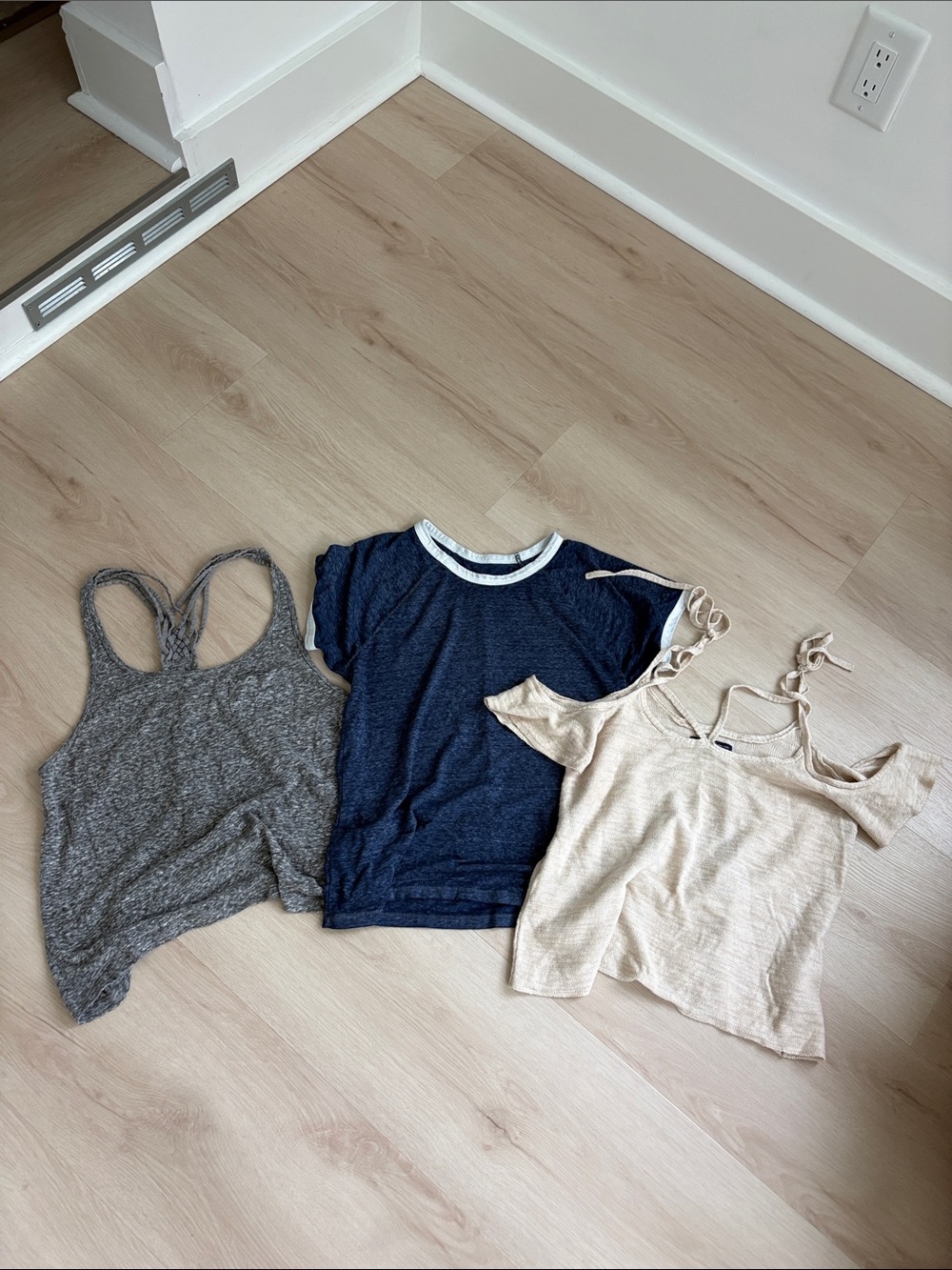 Casual Trio: Grey Tank, Navy Tee, Cream Cold-Shoulder Top